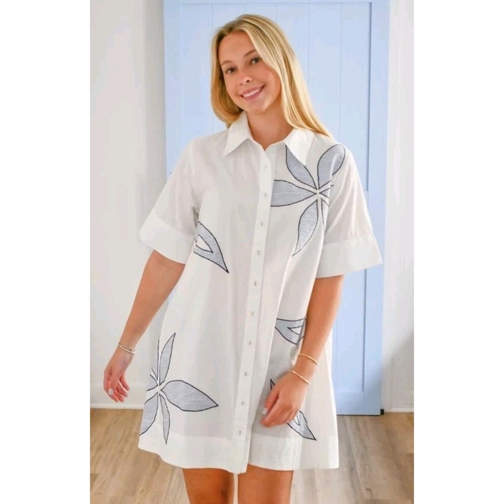 THML Floral Ellison Embroidered Shirt Dress Button Coastal Nautical Woman M